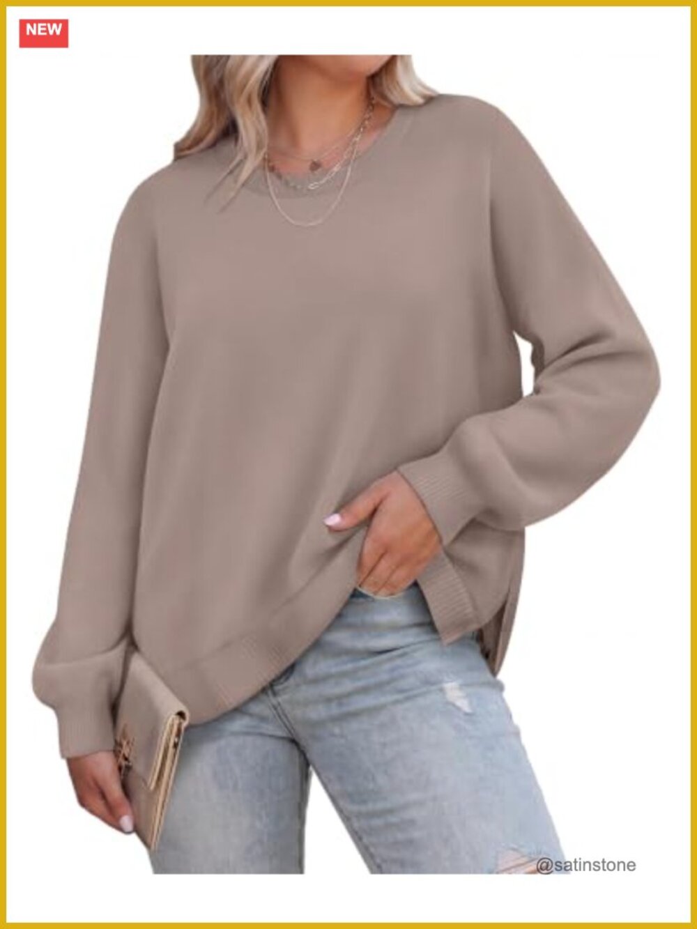 Plus Size Oversized Crewneck Sweater Long Sleeve Side Split Knit Pullover Fall